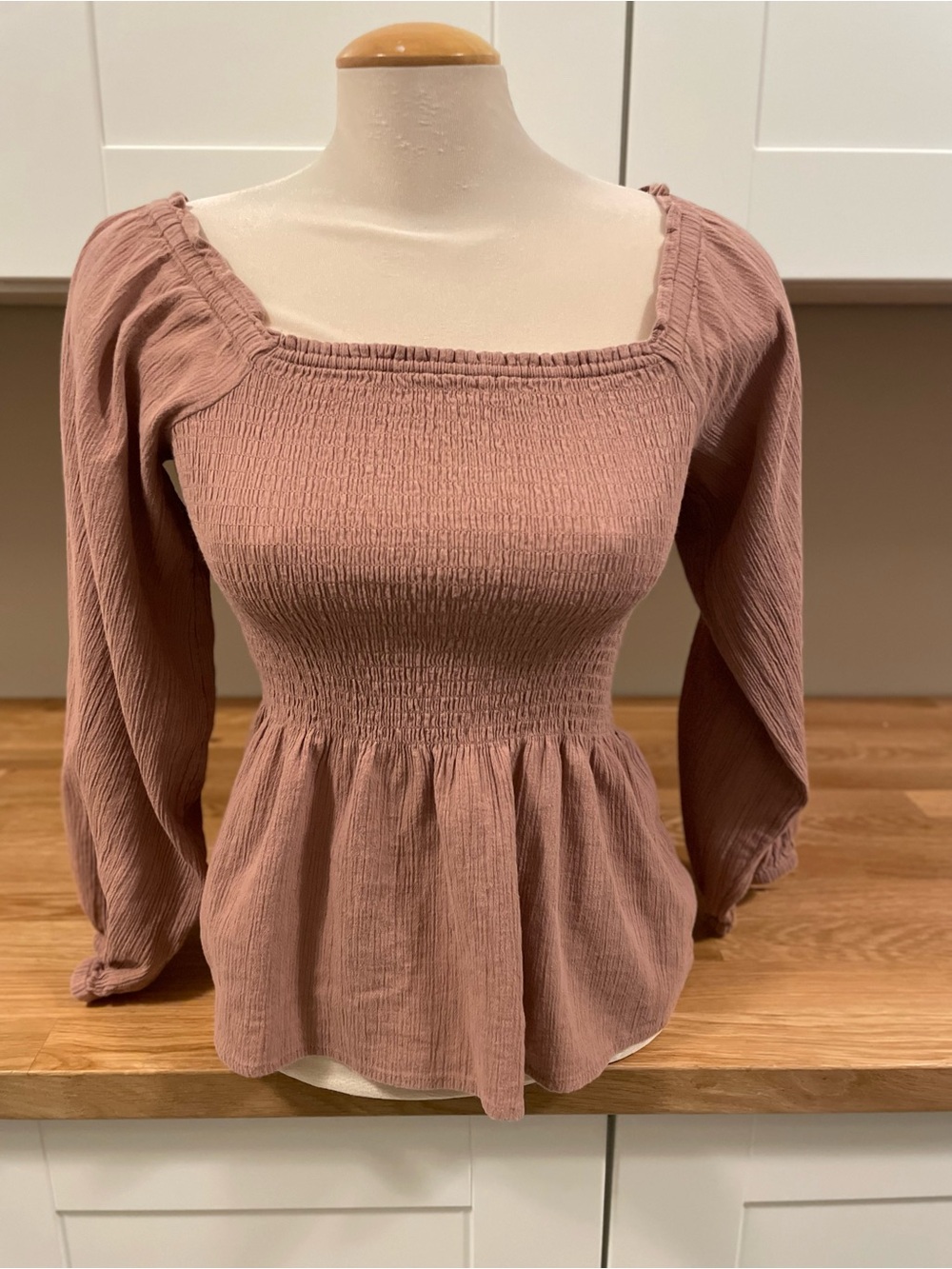 Madewell Dusty Rose Smocked Square-Neck Peplum Top